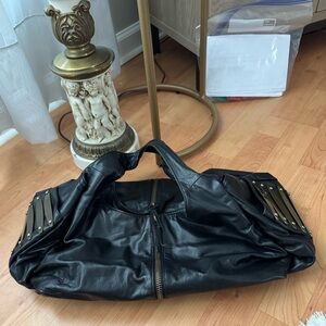 RomyGold Black Leather Bag w/Metal Detail